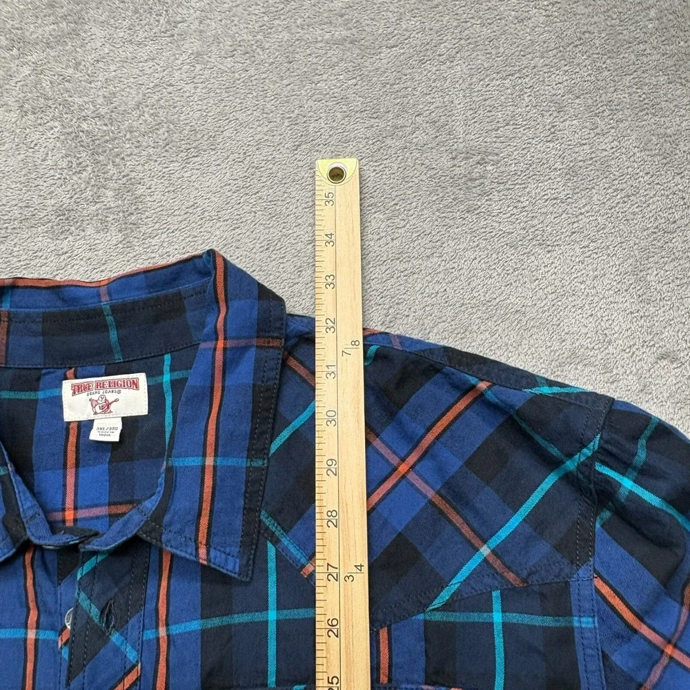 True‎ Religion Button Up Western Plaid Shirt Mens Purple 3XL Flap Horseshoe